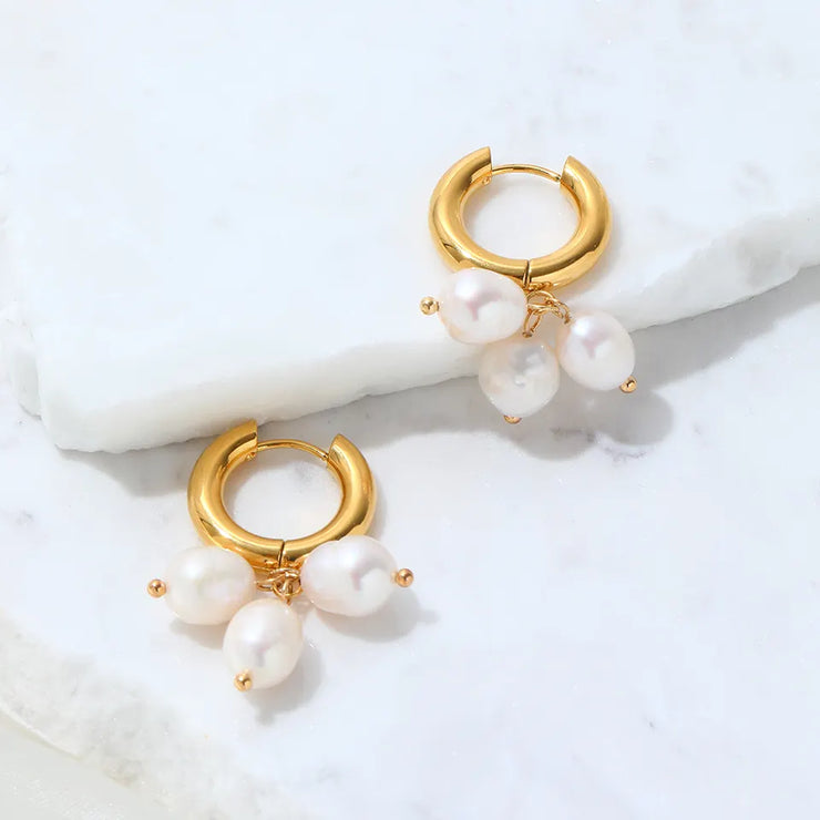 Tarnish Free - Earrings - Hoops with 3 pearls - Elizabeth Summer