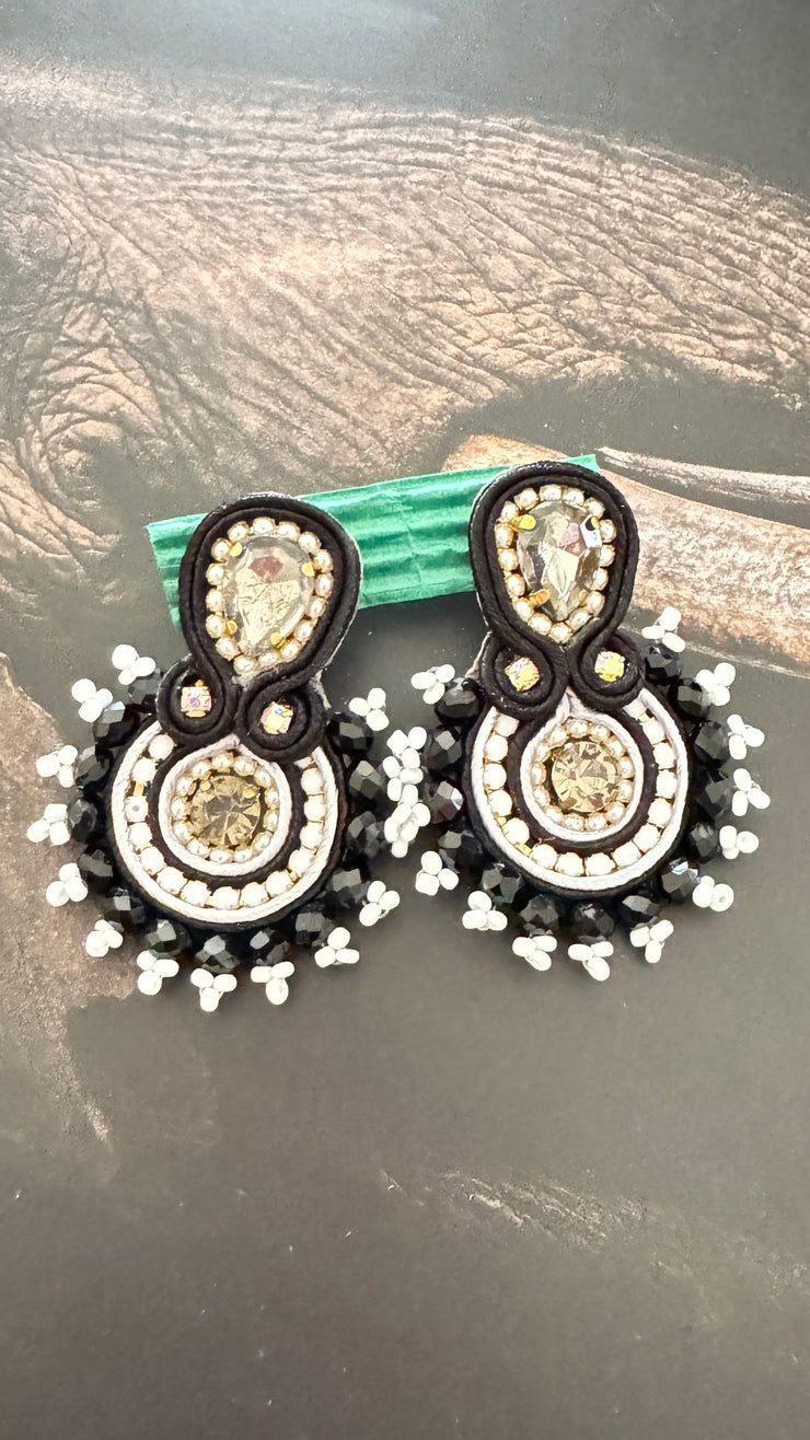 South American Earrings - Round Beaded - Black & White - Elizabeth Summer