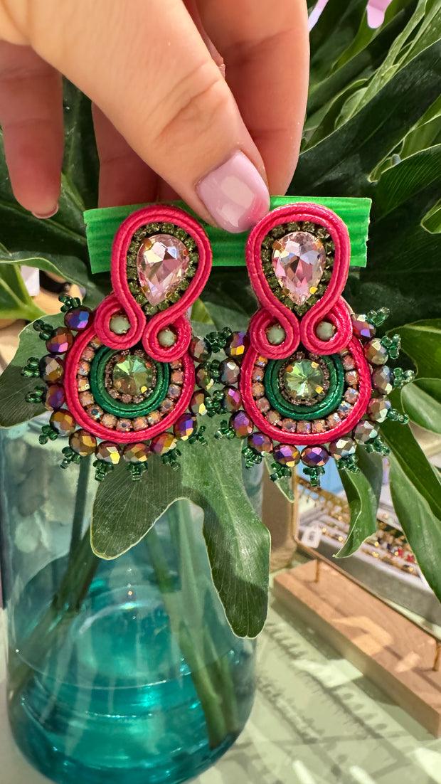 South American Earrings - Round Beaded - Pink & Green - Elizabeth Summer