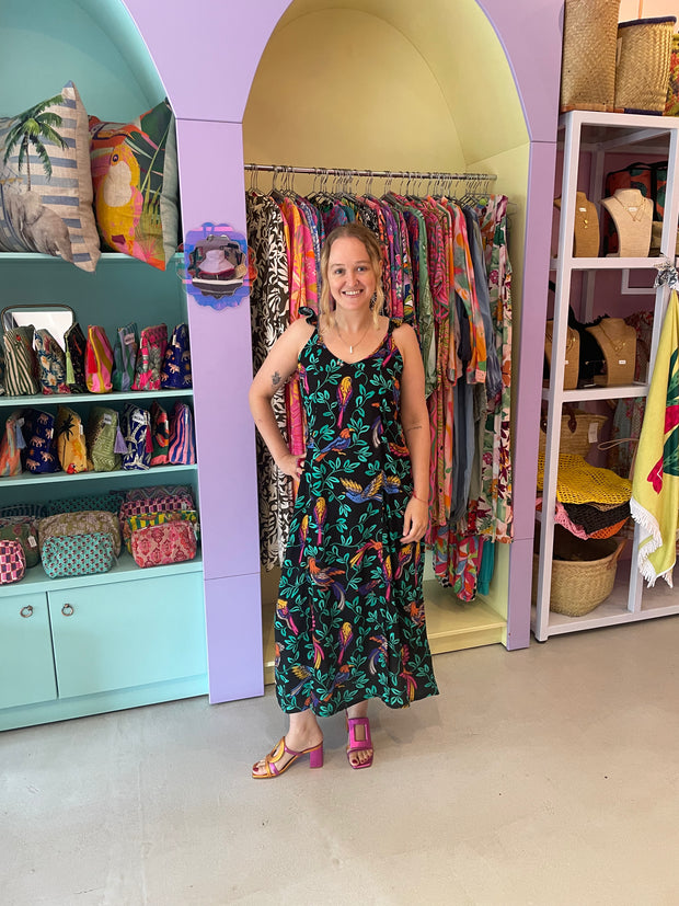 Sleeveless Midi Dress - Black Tropical