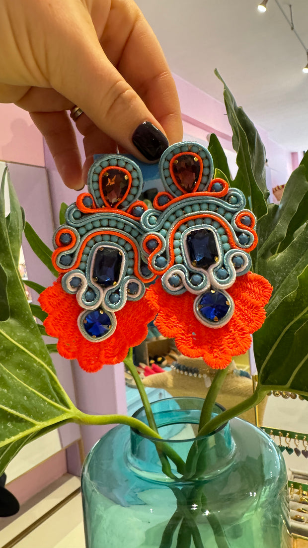 South American Earrings - Lace with intricate stones - Lumo Orange, and Turquoise - Elizabeth Summer