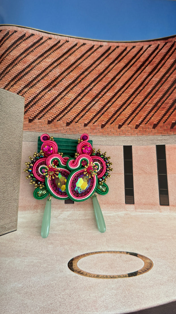 South American Earrings - Dangle - Green & Pink - Elizabeth Summer