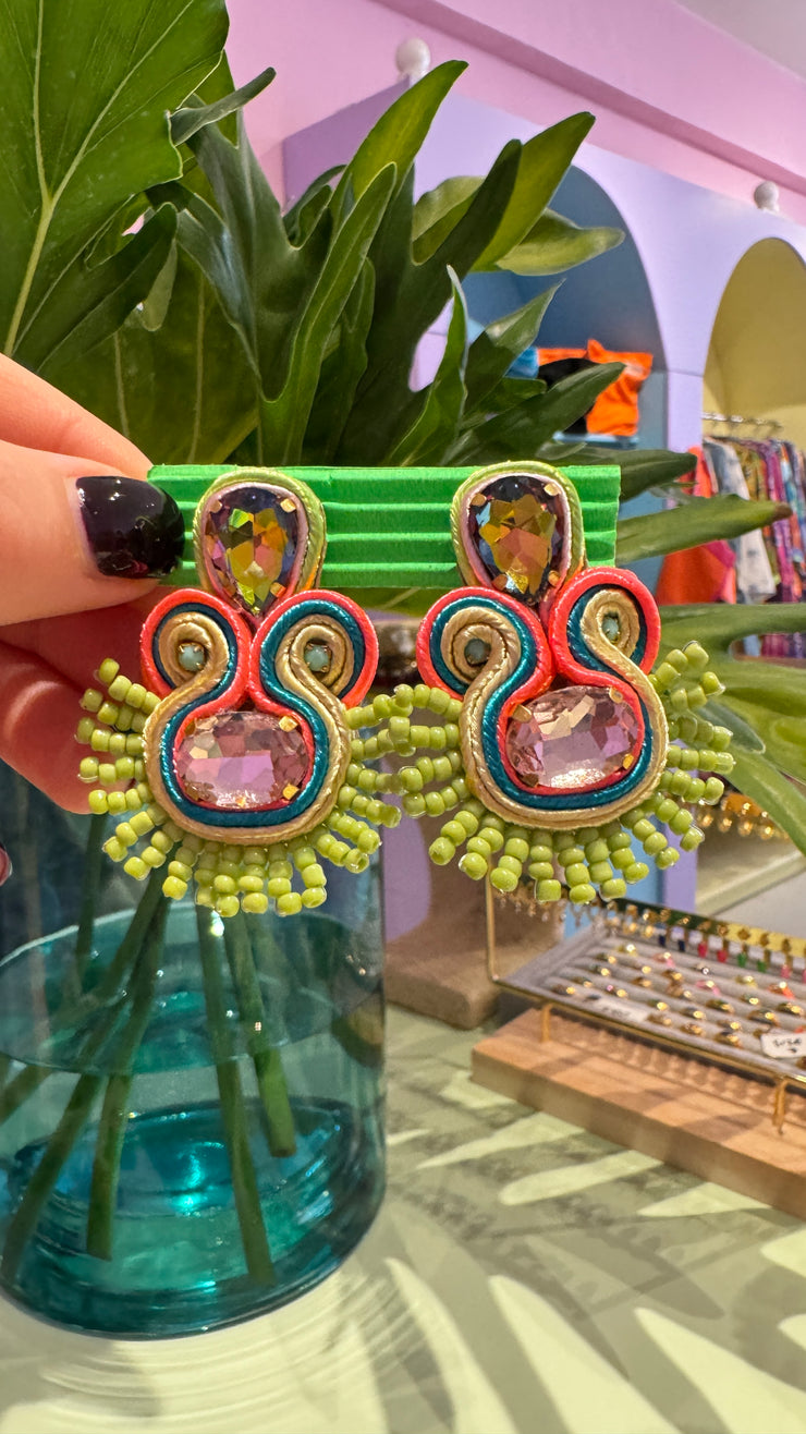 South American Earrings - Coco - Green with pink, turq, yellow - Elizabeth Summer