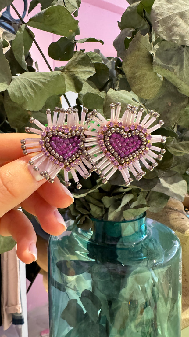 South American Earrings - Small Heart - White, Silver, Purple - Elizabeth Summer