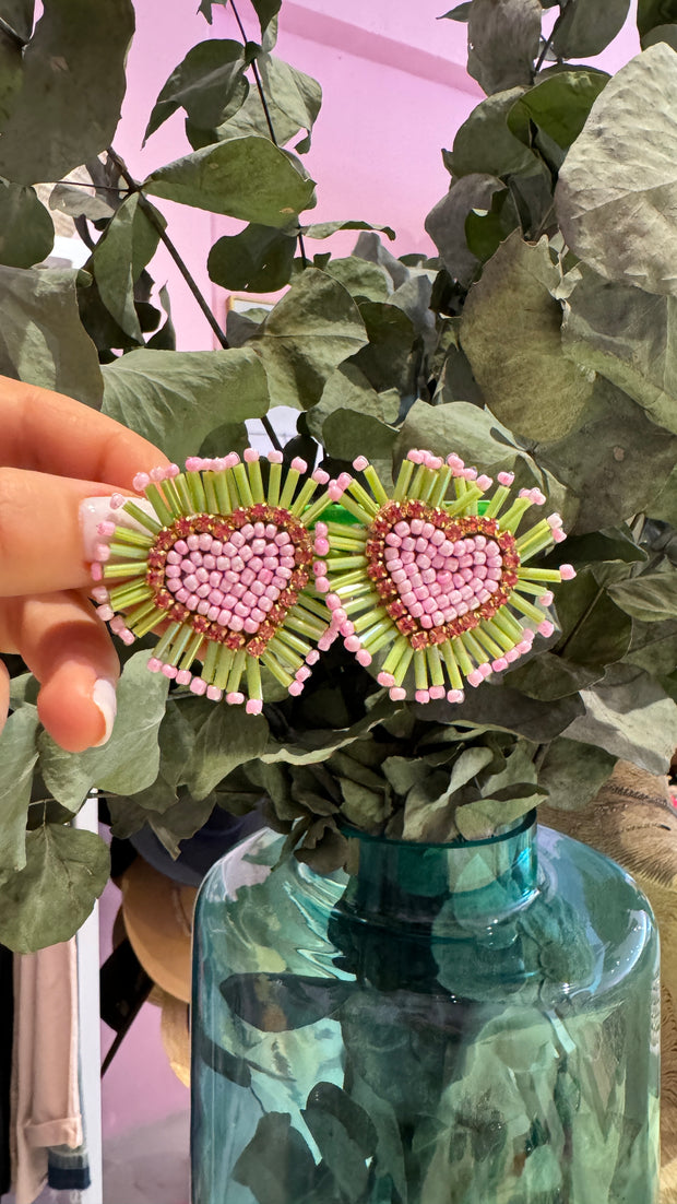 South American Earrings - Small Heart - Pale Pink and Lime - Elizabeth Summer