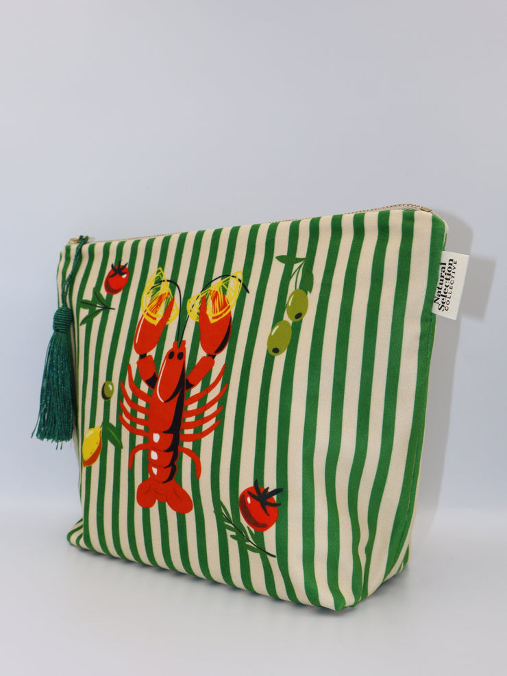 Green Striped Lobster - Velvet Makeup Bag