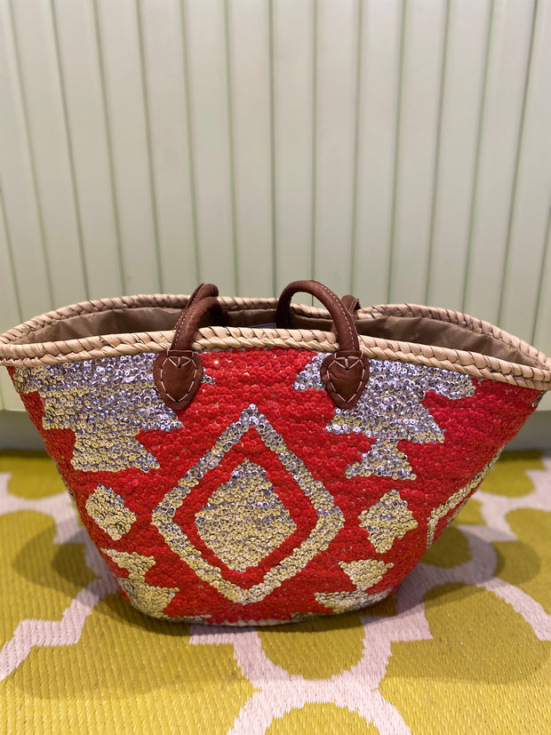 Moroccan Collection - Fully Sequin Basket -Silver & Red Aztec - Elizabeth Summer