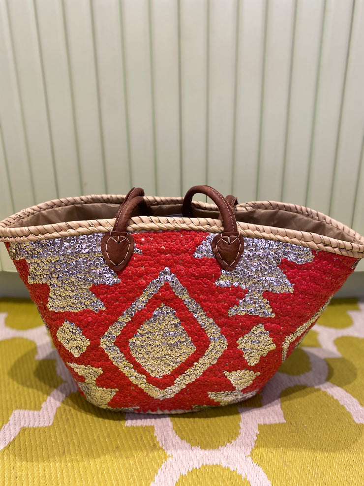 Moroccan Collection - Fully Sequin Basket -Silver & Red Aztec - Elizabeth Summer