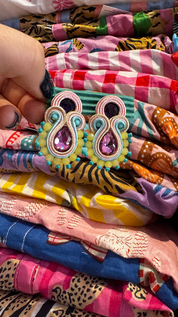 South American Earrings - Small - Pale Pink, yellow, purple & blue