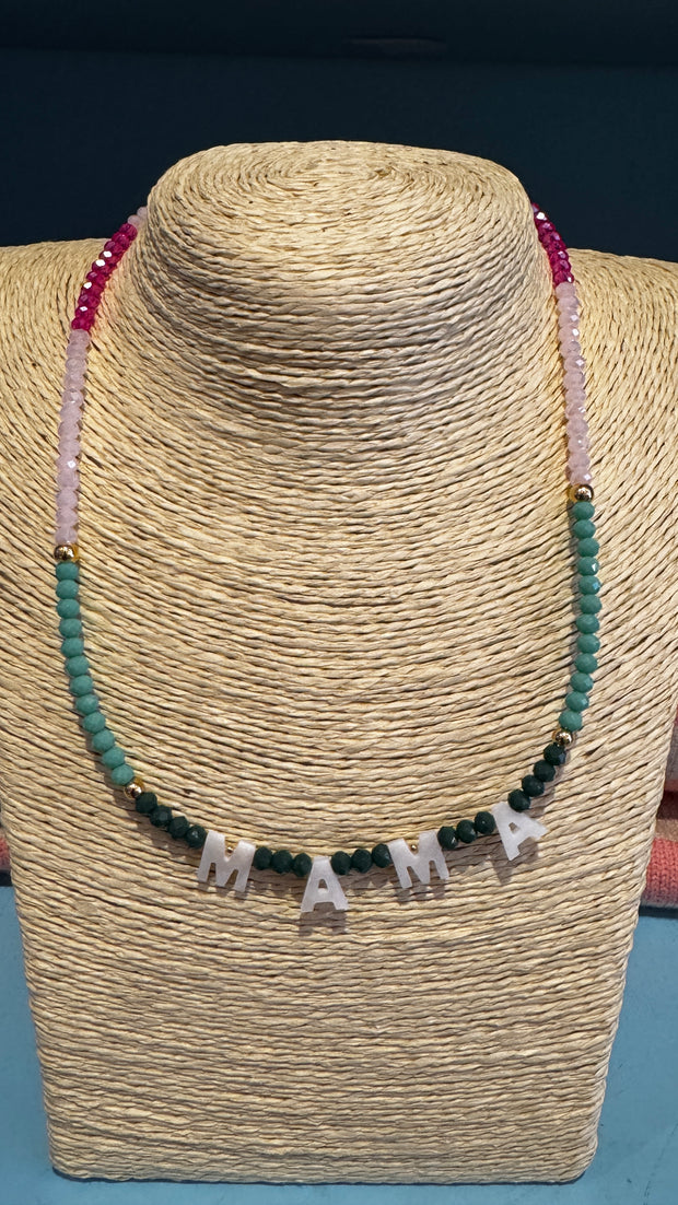 Beaded Necklace - MAMA - Dark Green, Aqua, Pale Pink, Deep Pink - Elizabeth Summer