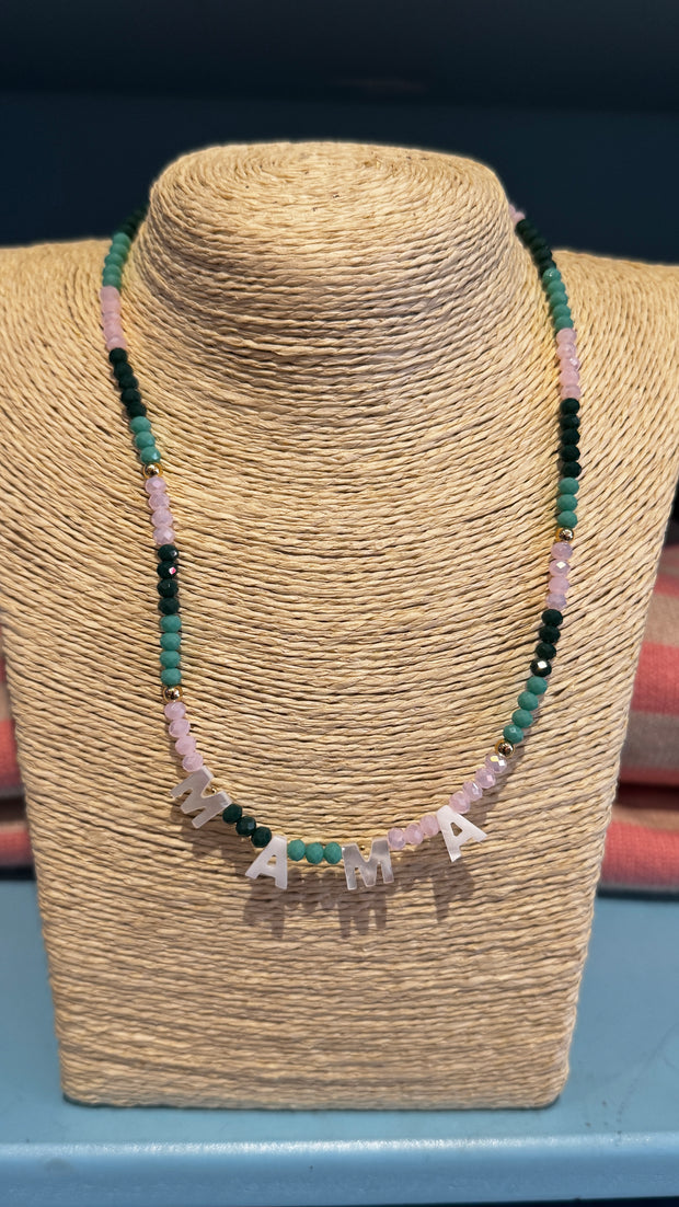 Beaded Necklace - MAMA - Dark Green, Pale Pink, Aqua - Elizabeth Summer