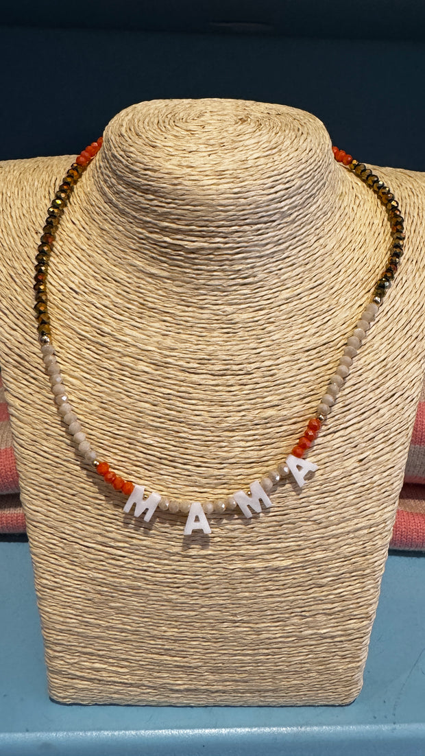 Beaded Necklace - MAMA - Beige, Metallic Brown, Orange - Elizabeth Summer