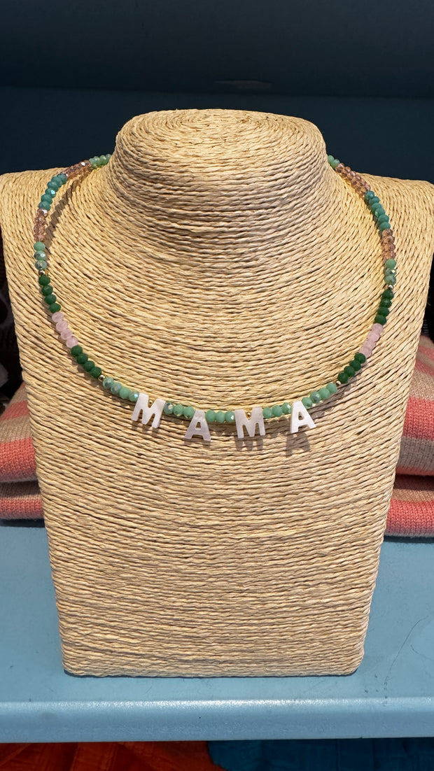 Beaded Necklace - MAMA - Aqua, Dark Green, Pale Pink - Elizabeth Summer