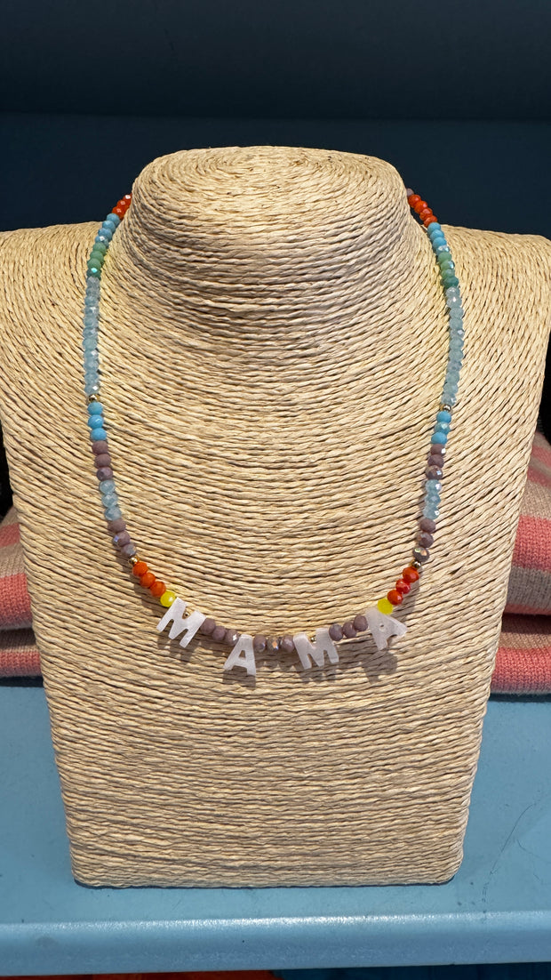 Beaded Necklace - MAMA - Grey, Orange, Yellow, Blue - Elizabeth Summer