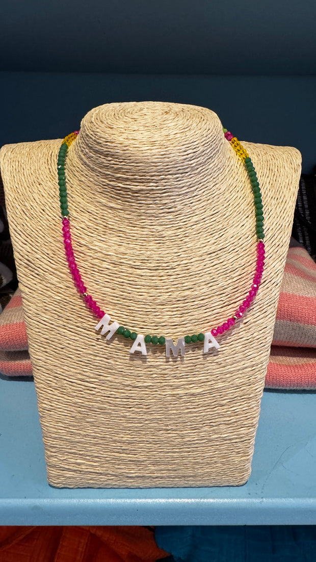 Beaded Necklace - MAMA - Pink, Green, Yellow & Grey - Elizabeth Summer