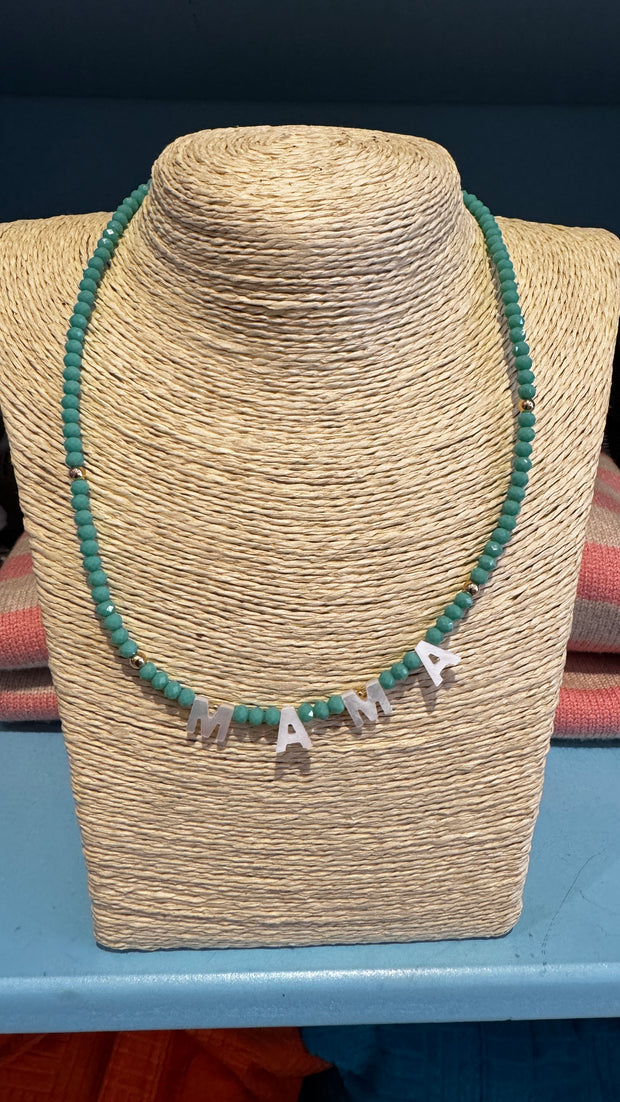 Beaded Necklace - MAMA - Aqua - Elizabeth Summer