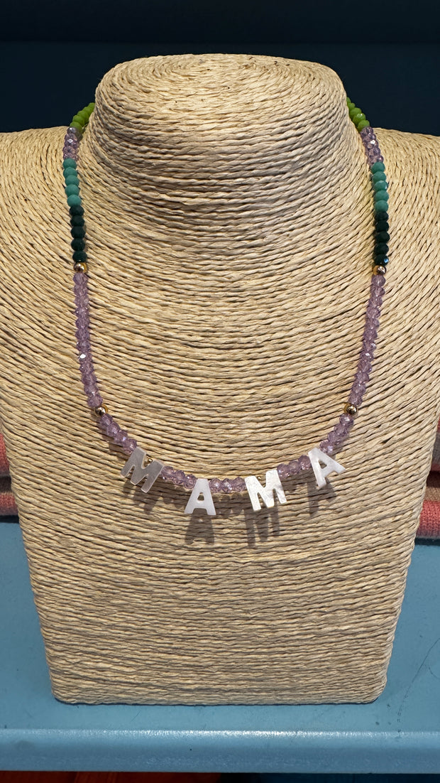 Beaded Necklace - MAMA - Pale Purple, Dark Green, Aqua, Green - Elizabeth Summer