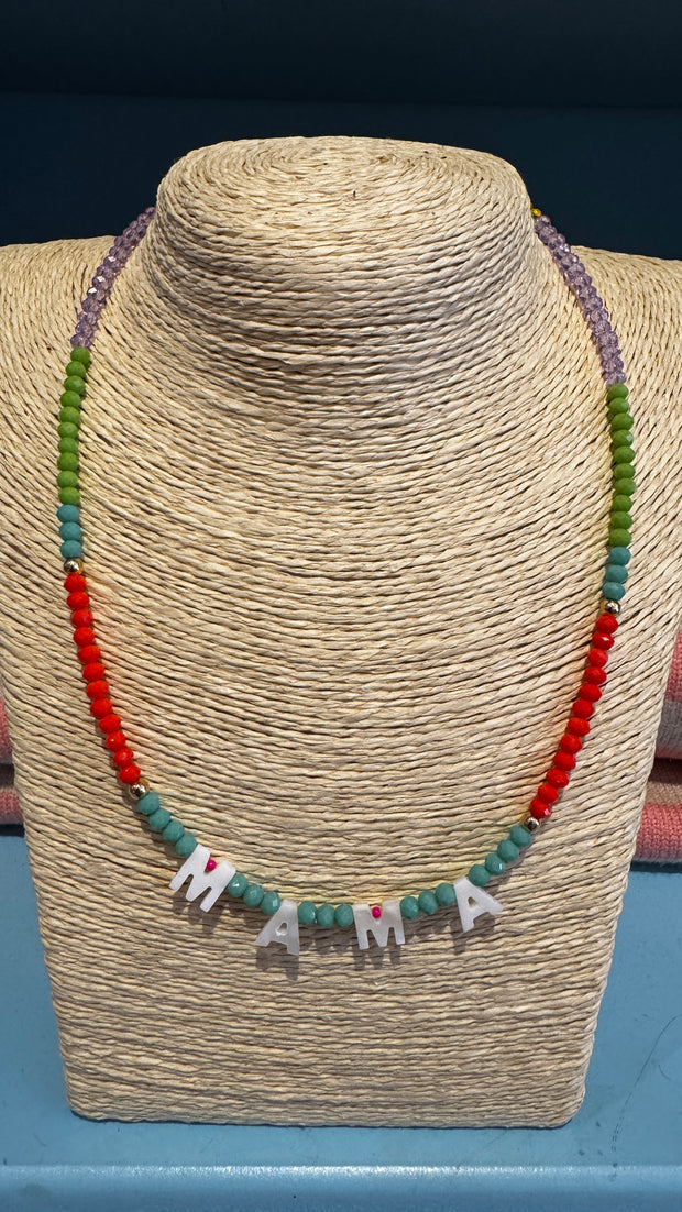 Beaded Necklace - MAMA - Coral, Aqua, Pale Green, Pale Purple, Yellow - Elizabeth Summer