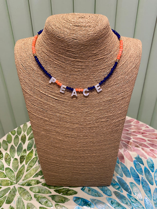 Beaded Necklace - PEACE- Blue & Orange - Elizabeth Summer