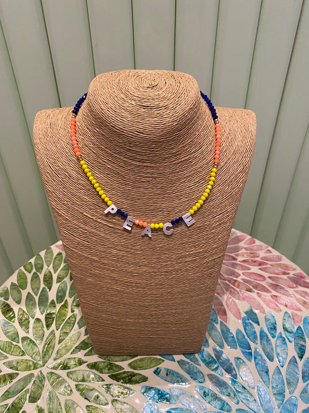 Beaded Necklace - PEACE- Yellow/Orange & Blue - Elizabeth Summer
