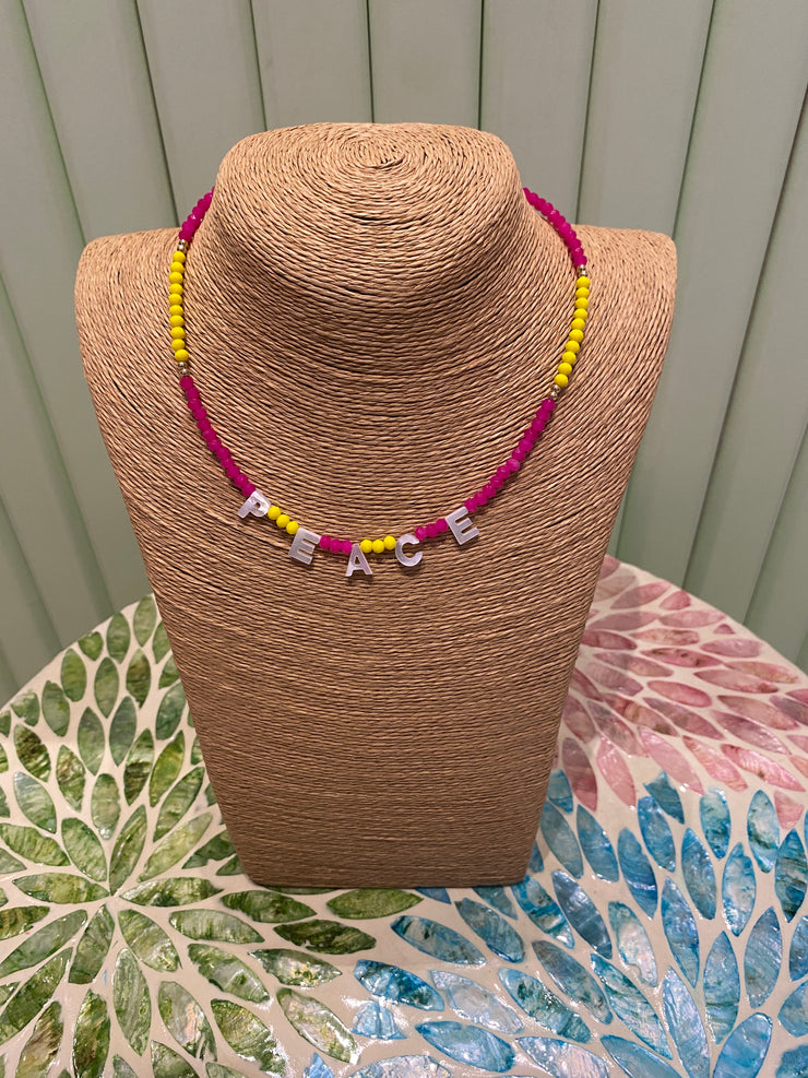Beaded Necklace - PEACE- Pink & Yellow - Elizabeth Summer