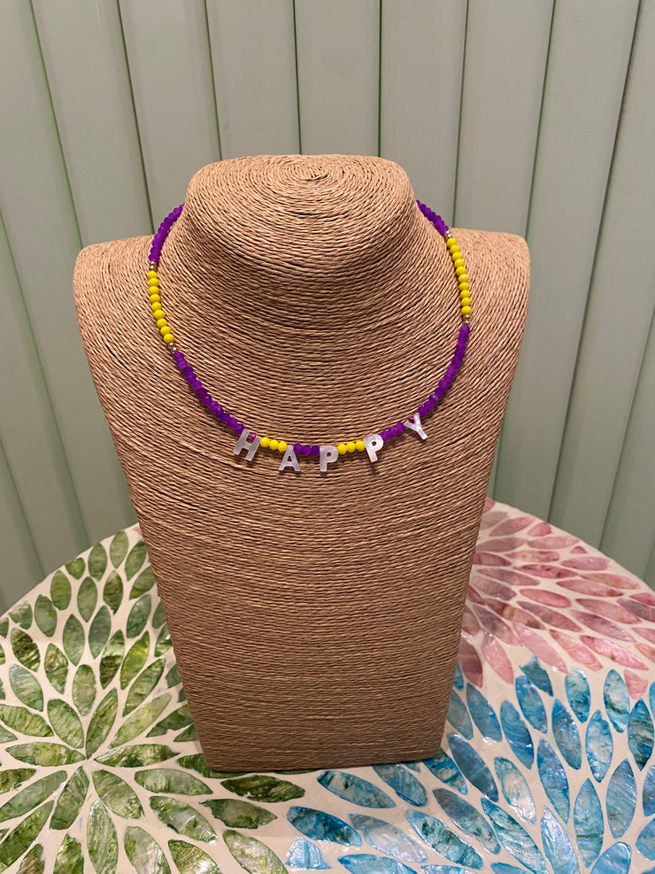 Beaded Necklace - PEACE- Yellow & Purple - Elizabeth Summer