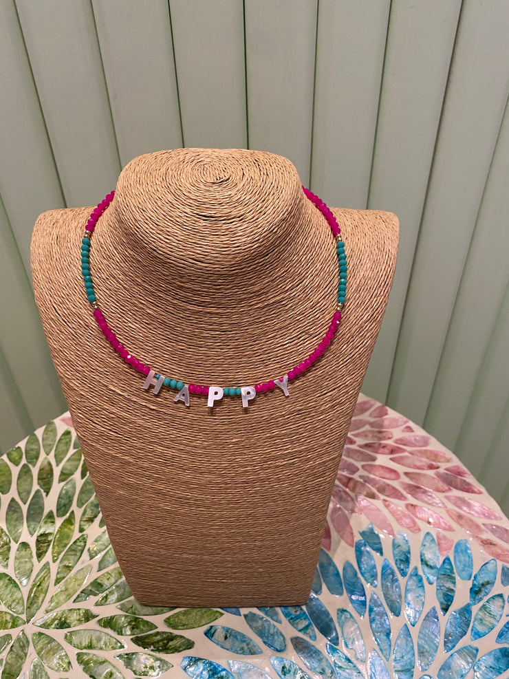 Beaded Necklace - PEACE- Green & Pink - Elizabeth Summer