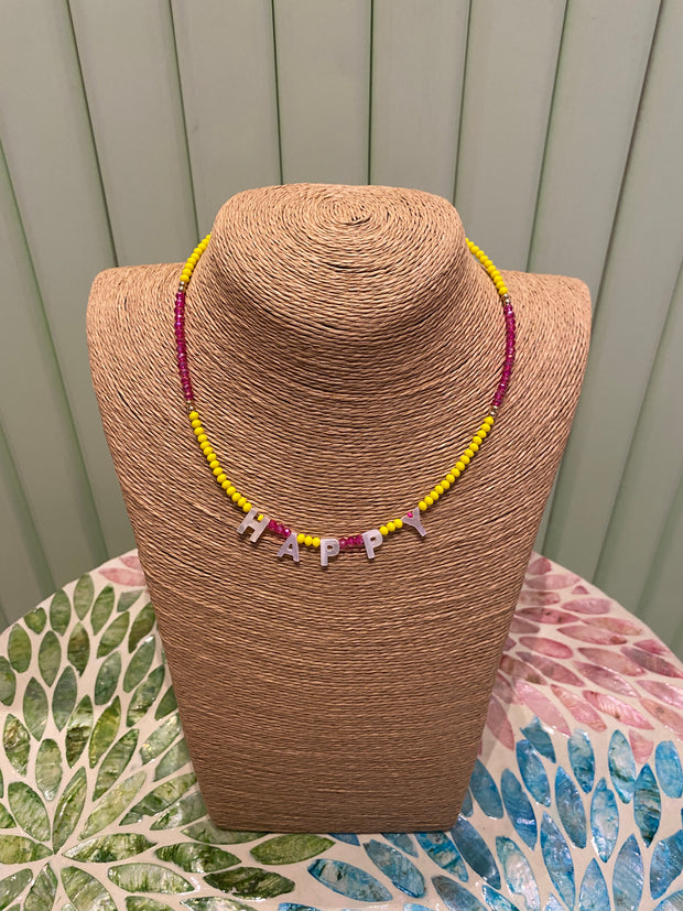 Beaded Necklace - PEACE- Yellow & Pink - Elizabeth Summer