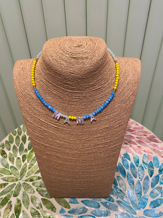 Beaded Necklace - MAMA - Blue & Yellow - Elizabeth Summer