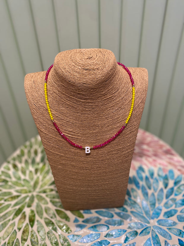 Beaded Necklace - initial- B- Yellow & Pink - Elizabeth Summer