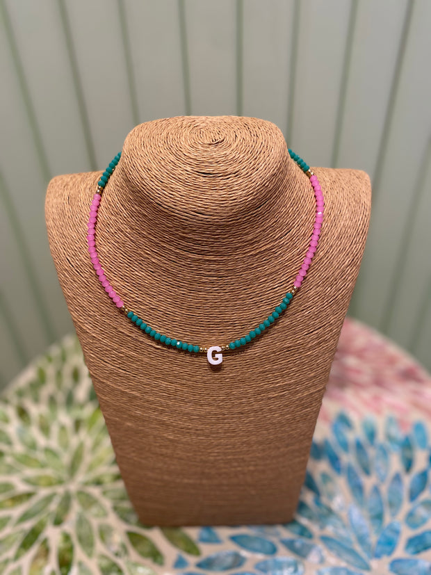 Beaded Necklace - initial- G- Green & Pink - Elizabeth Summer