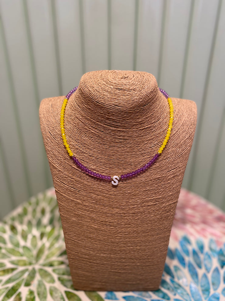 Beaded Necklace - initial- S- Yellow & Light Purple - Elizabeth Summer