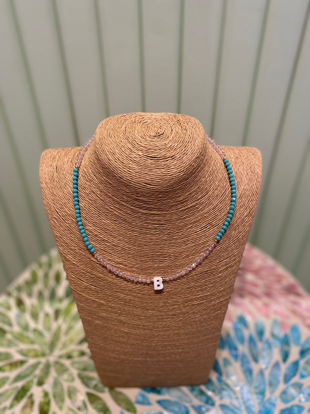 Beaded Necklace - initial-B- Clear Pink & Turquoise - Elizabeth Summer
