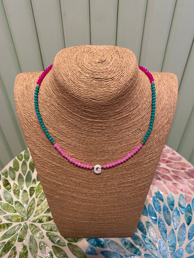 Beaded Necklace - initial-G-Pink/Turquoise & Green - Elizabeth Summer