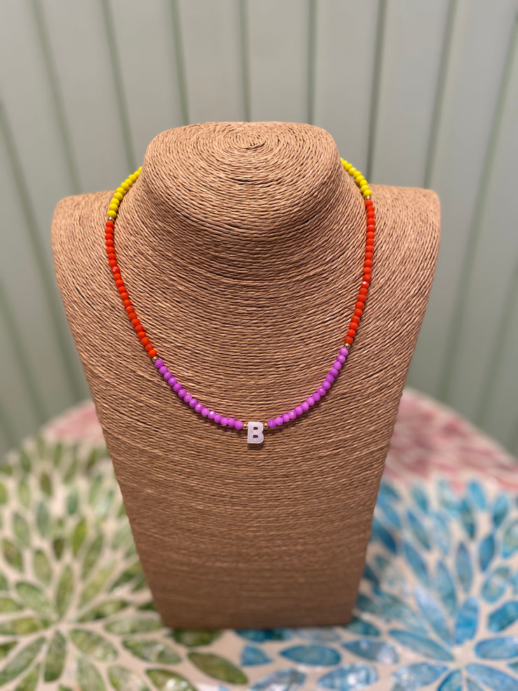 Beaded Necklace - initial-B-Purple/Orange & Yellow - Elizabeth Summer