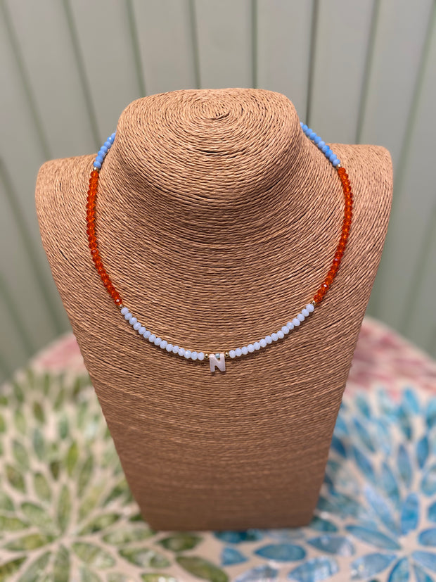 Beaded Necklace - initial-N-Light Blue & Orange - Elizabeth Summer