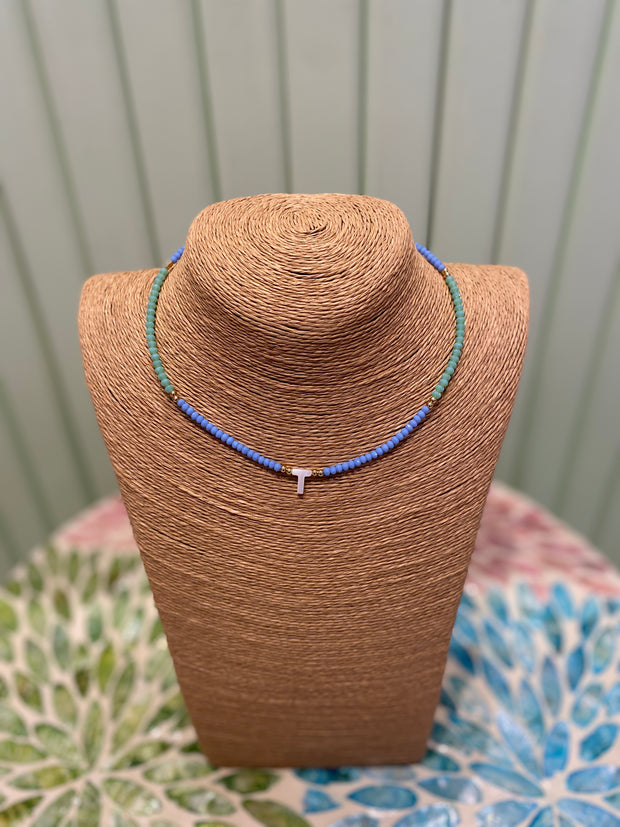 Beaded Necklace - initial-T-Blue & Light Green - Elizabeth Summer