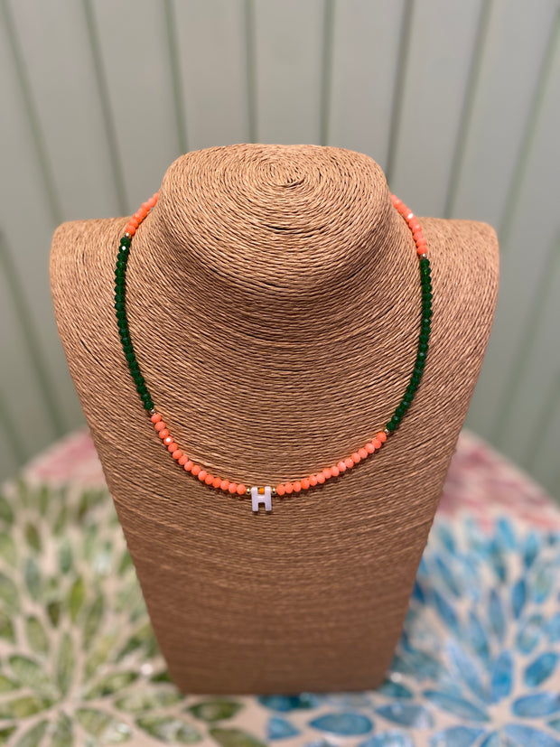 Beaded Necklace - initial-H-Orange & Green - Elizabeth Summer