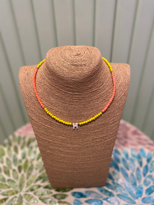 Beaded Necklace - initial-H-Yellow & Orange - Elizabeth Summer