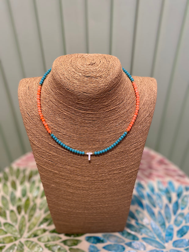 Beaded Necklace - initial-T-Turquoise & Orange - Elizabeth Summer