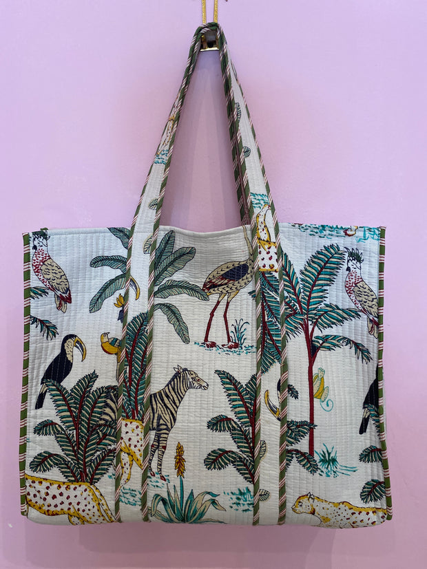 Quilted Bag - Palm and Leopard Bag - White - Elizabeth Summer