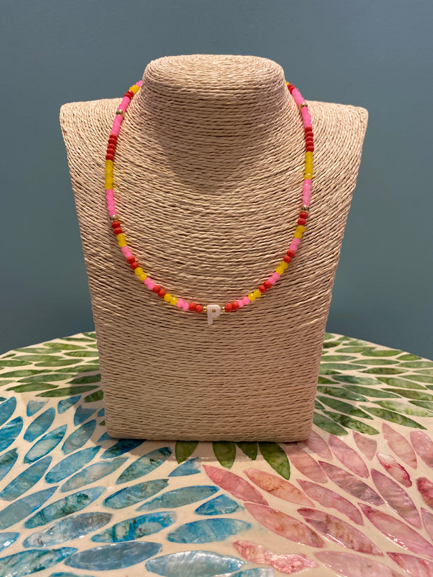 Beaded Necklace - initial - P - Red , Yellow & Pink - Elizabeth Summer