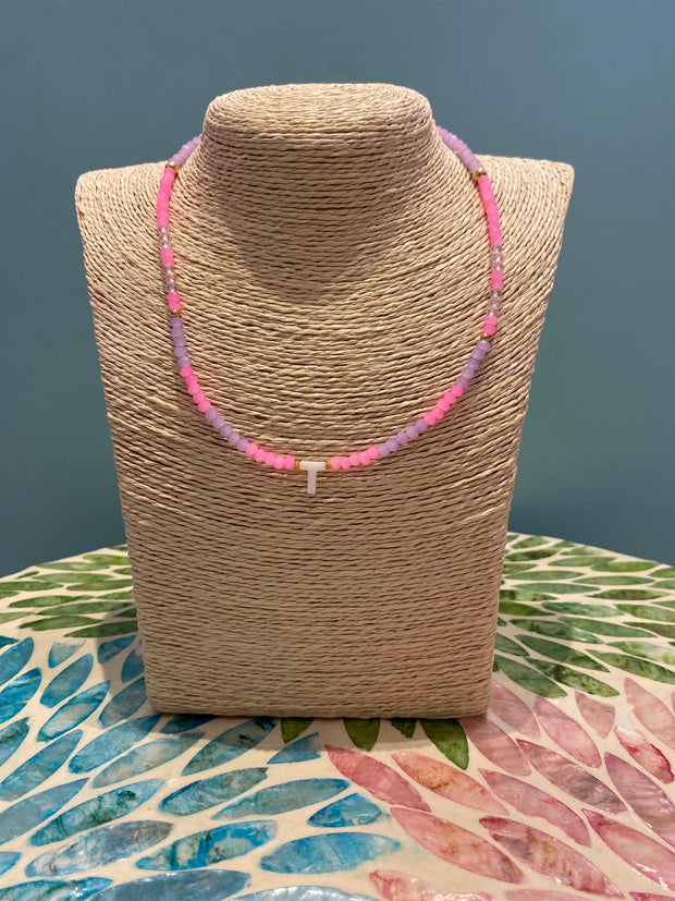 Beaded Necklace - initial - T - Pinks & Purples - Elizabeth Summer