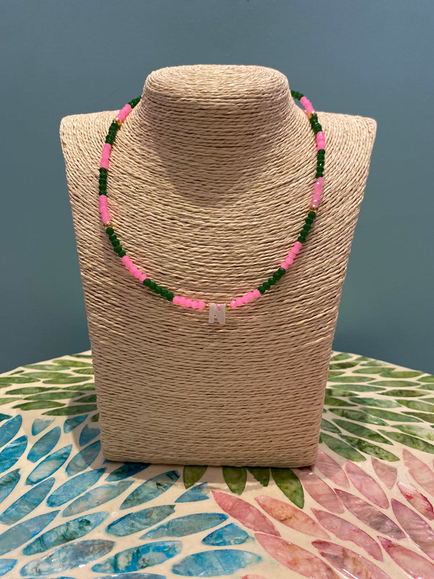 Beaded Necklace - initial - N - Pink & Green - Elizabeth Summer