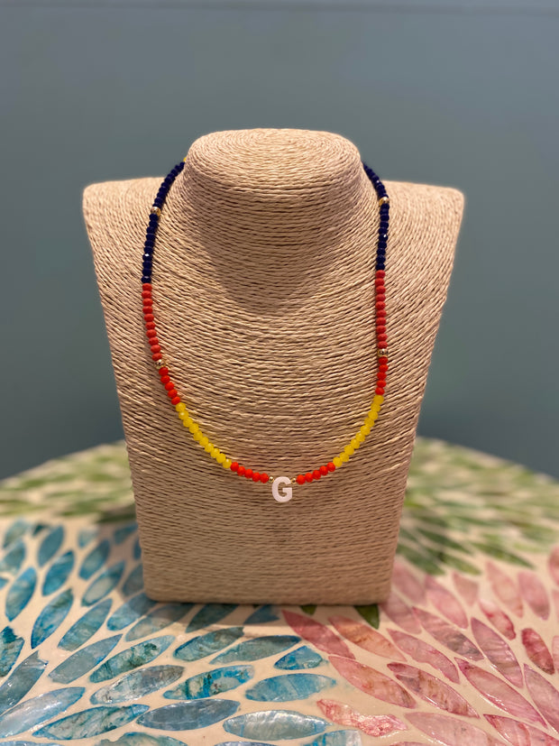 Beaded Necklace - initial - G - Red, Yelllow & Navy - Elizabeth Summer
