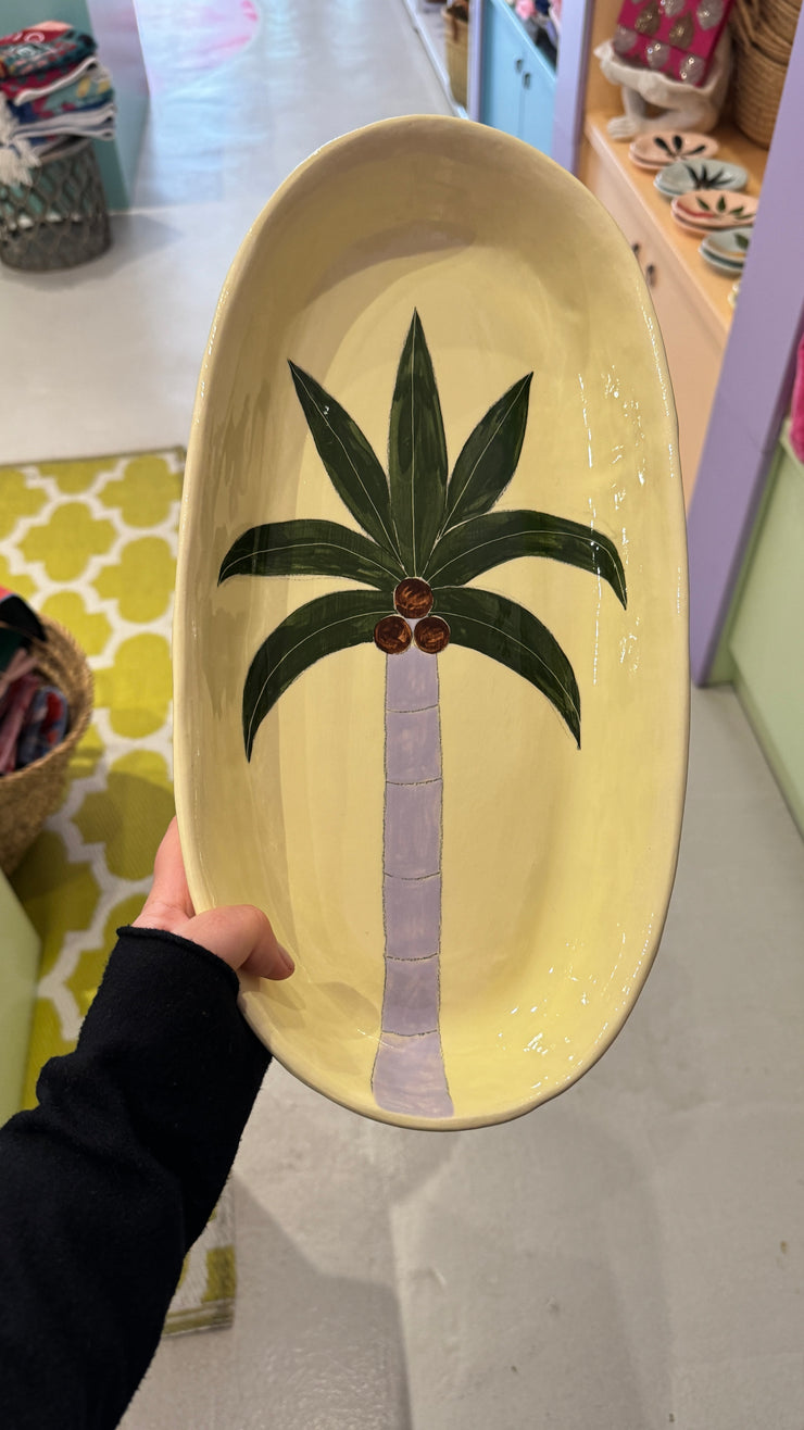 Ceramics - Large Oval Dish - Grey Palm Tree on pale yellow