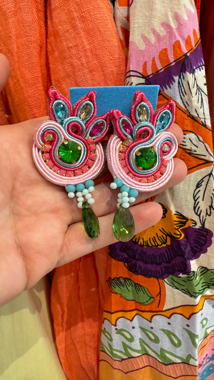 South American Earrings - Beaded Tor - Pink, Blue, Green