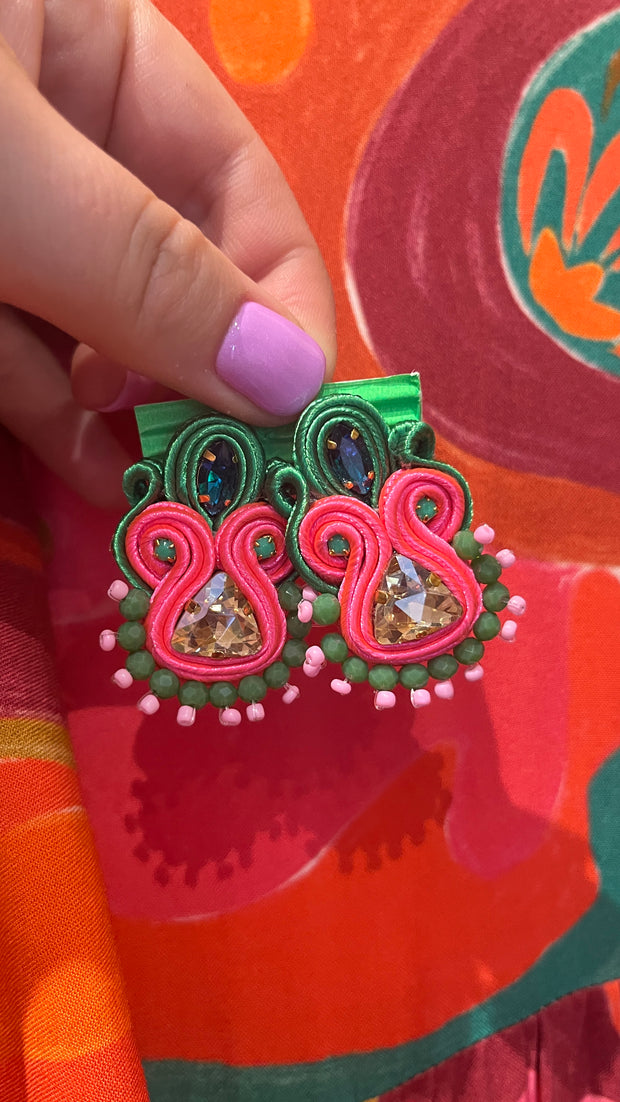 South American Earrings - Small Triangle - Green & Lumo Pink - Elizabeth Summer