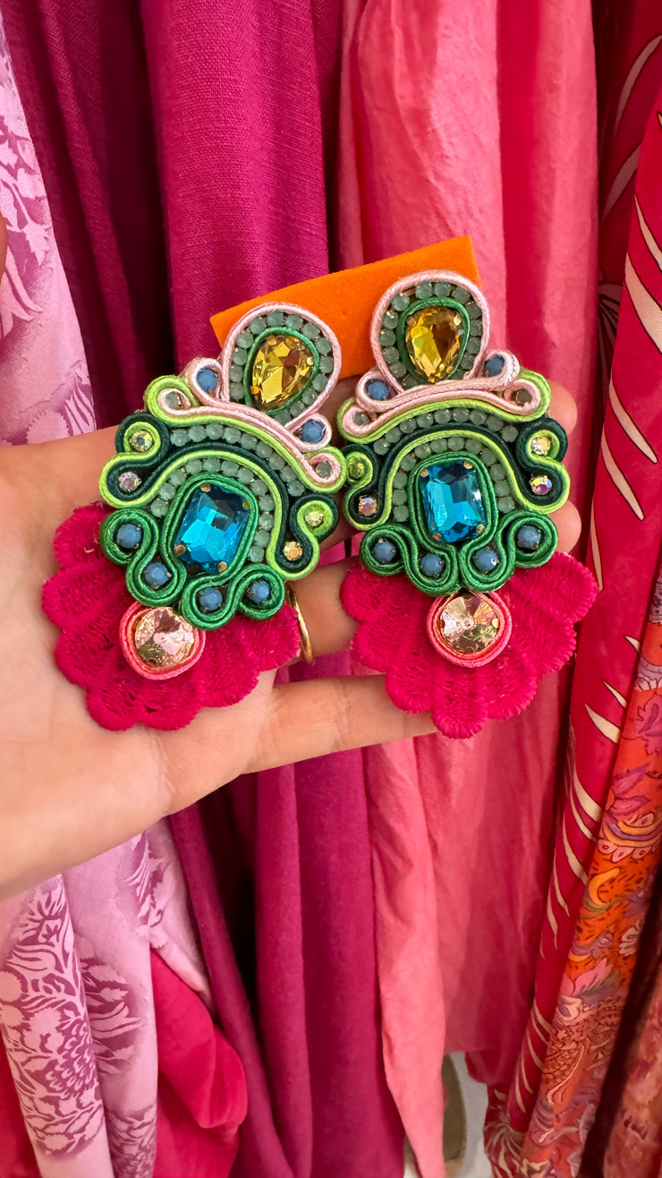 South American Earrings - Lace with intricate stones - Dark Pink, Green and Pale Pink