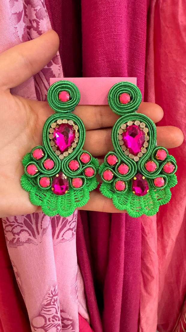 South American Earrings - Lace - Green and Pink